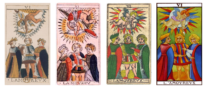 Four versions of the Lovers Trump from the Tarot de Marseile